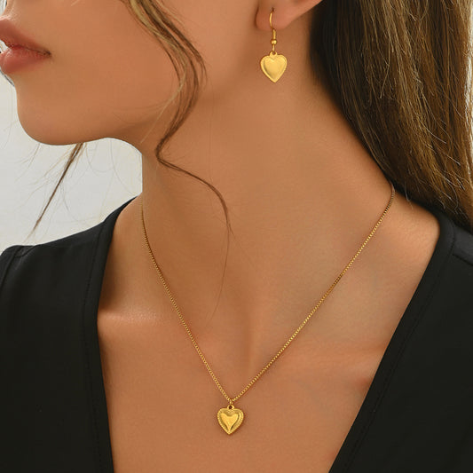 Lxalry 18K Gold Plated Stainless Steel Puffy Heart Pendant Necklace And Earrings Set For Women - Waterproof, Hypoallergenic, Cute Jewelry Gift For Birthday, Anniversary, Daily Wear, Summer Outfits