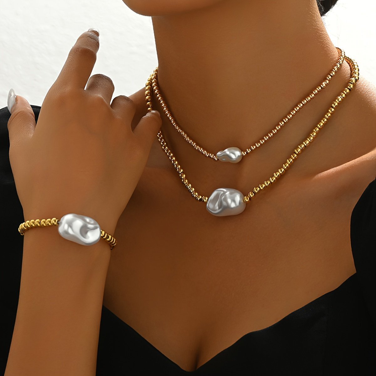 Lxalry Gold Electroplated Layered Jewelry Set, Handmade Necklace & Bracelet Duo, Lightweight 20g Stackable Gift For Everyday Elegance & Evening Glamour