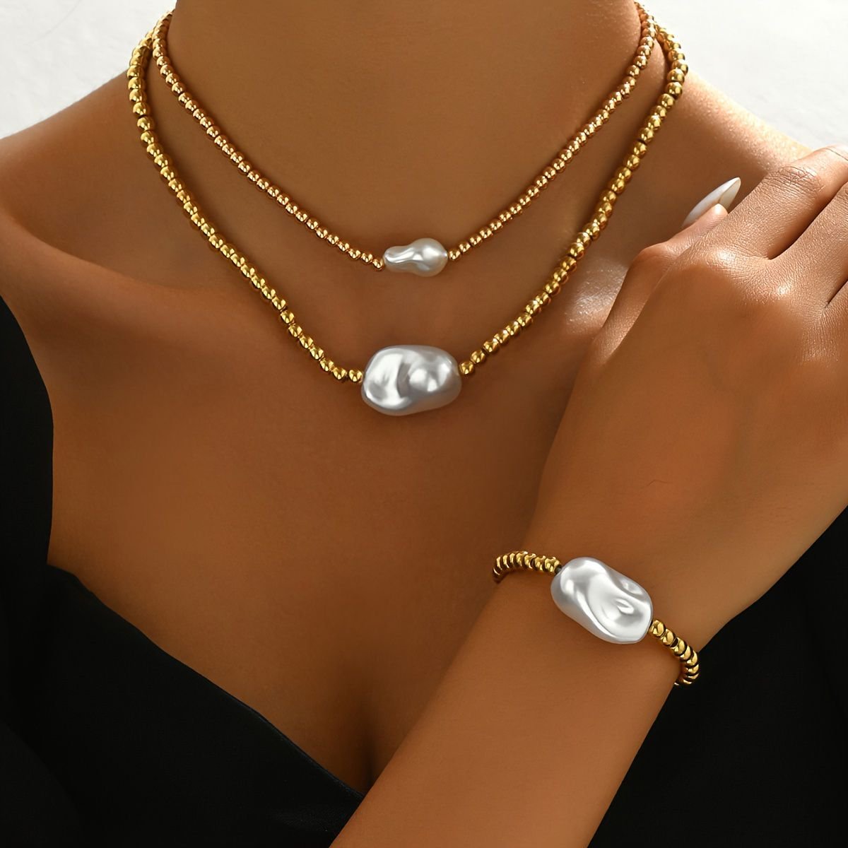 Lxalry Gold Electroplated Layered Jewelry Set, Handmade Necklace & Bracelet Duo, Lightweight 20g Stackable Gift For Everyday Elegance & Evening Glamour