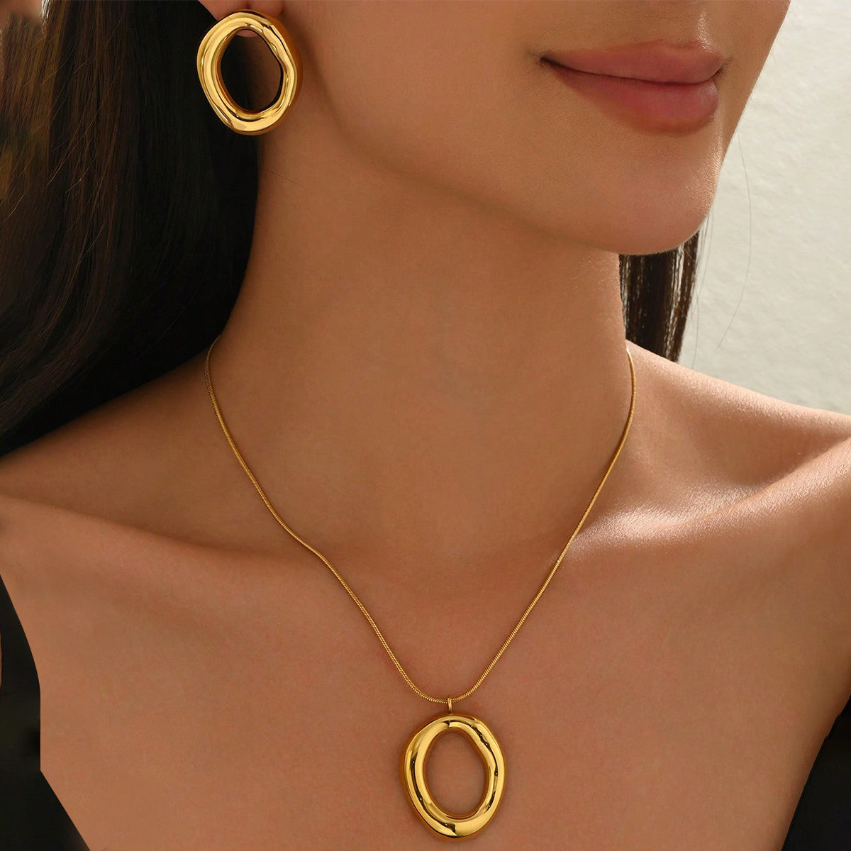 Lxalry 18K Gold Plated Stainless Steel Oval Pendant Jewelry Set For Women - Minimalist Elegant Necklace & Earrings, Hypoallergenic, Waterproof, Tarnish-Free, Ideal Gift For Birthday, Wedding, Daily We