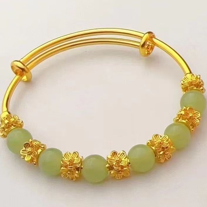 Brass Gold-plated Chalcedony Flower Pull Bracelet Hand Accessory Ancient Style Women's Light Luxury Versatile High-end Feeling Bracelet