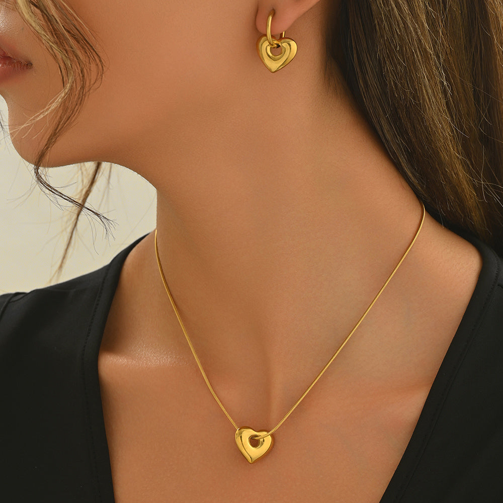 Lxalry 18K Gold Plated Stainless Steel Heart Pendant Necklace And Hoop Earrings Set For Women - Waterproof Hypoallergenic Elegant Gift For Girlfriend Birthday Wedding Anniversary Daily Wear